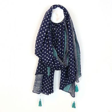 Navy Cotton Scarf with Mixed Print Turquoise Border, and Tassels by Peace Of Mind